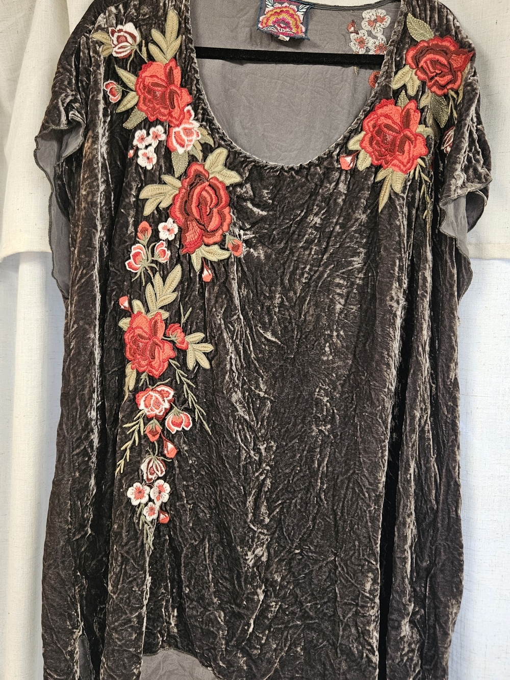 Johnny Was Crushed Velvet Tunic with Red Rose Embroidery